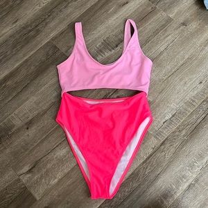 bright pink one piece swimsuit